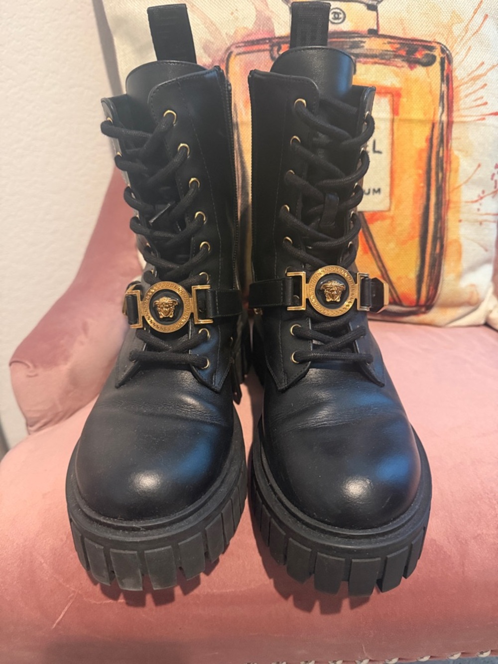 Versace Black Leather Lace-Up Combat Boots with Gold Medusa Hardware